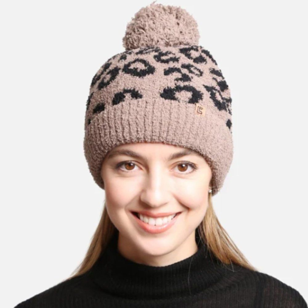 Super Lux Cuffed Pom Leopard Beanie - Coffee